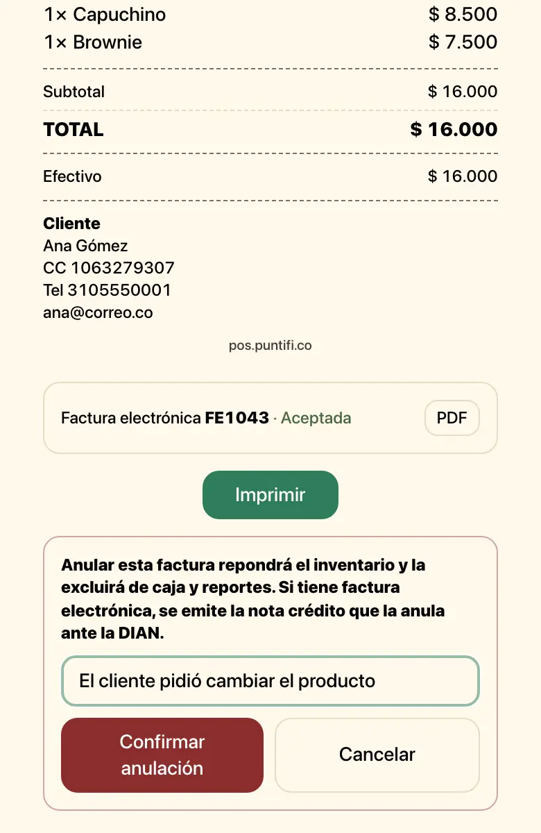 Recibo con la factura aceptada y el formulario para anular con motivo