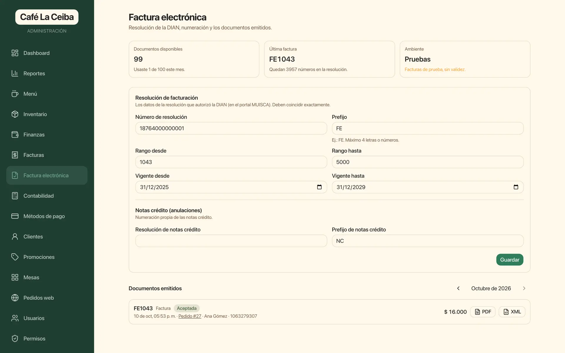 Pantalla Factura electrónica del POS con la resolución, el rango, las notas crédito y los documentos emitidos