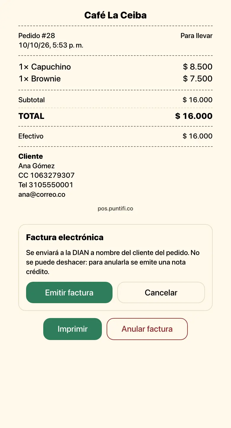 Recibo en el celular con el botón Emitir factura de la factura electrónica