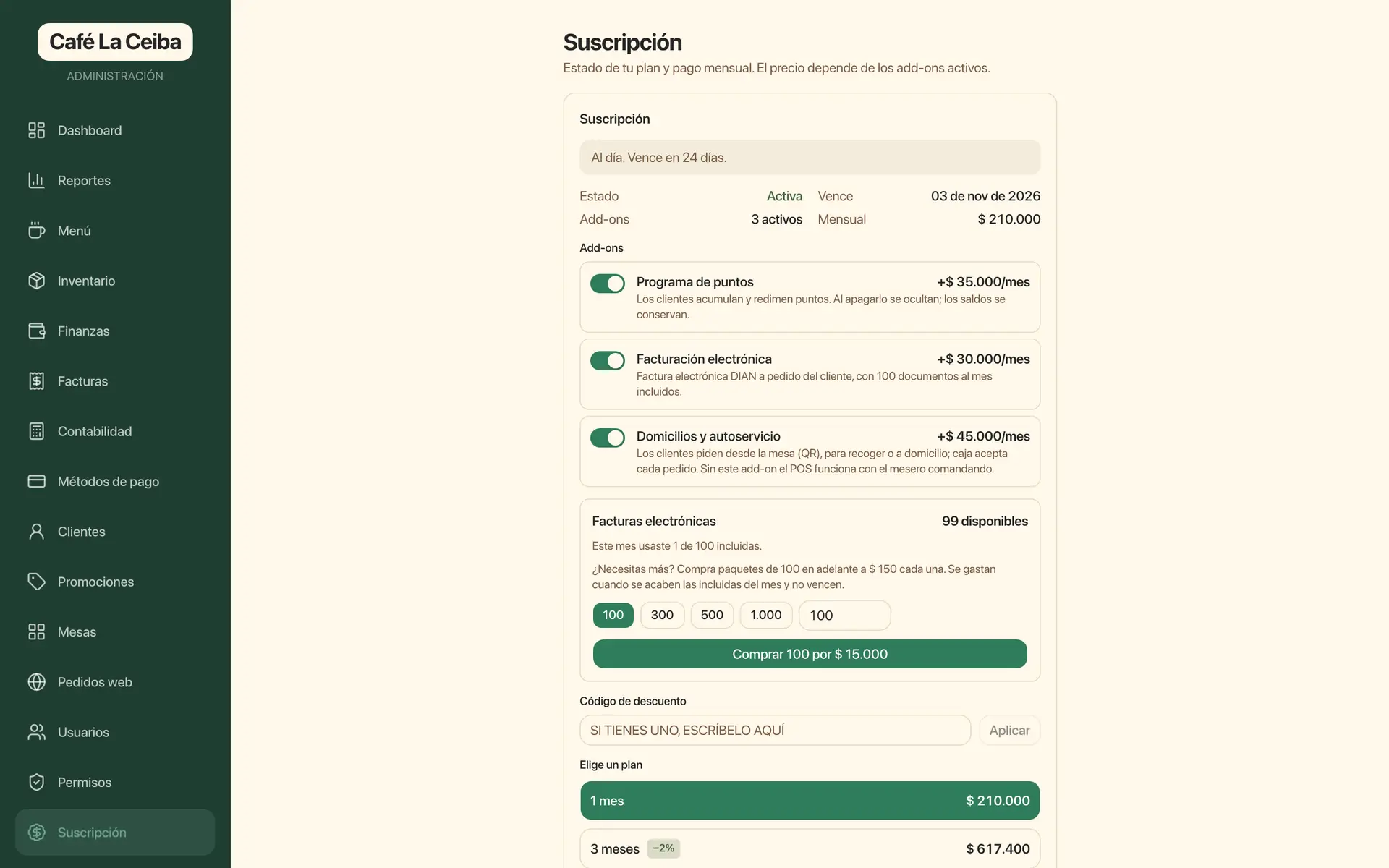 Pantalla de Suscripción del POS con el interruptor de Facturación electrónica encendido y la tarjeta de facturas electrónicas disponibles