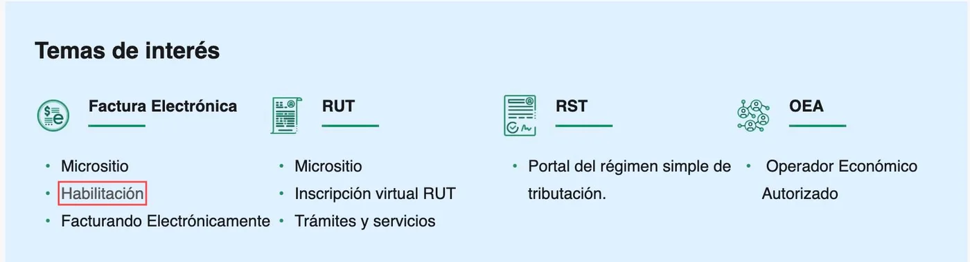 Página de la DIAN con el enlace Habilitación dentro de Factura Electrónica