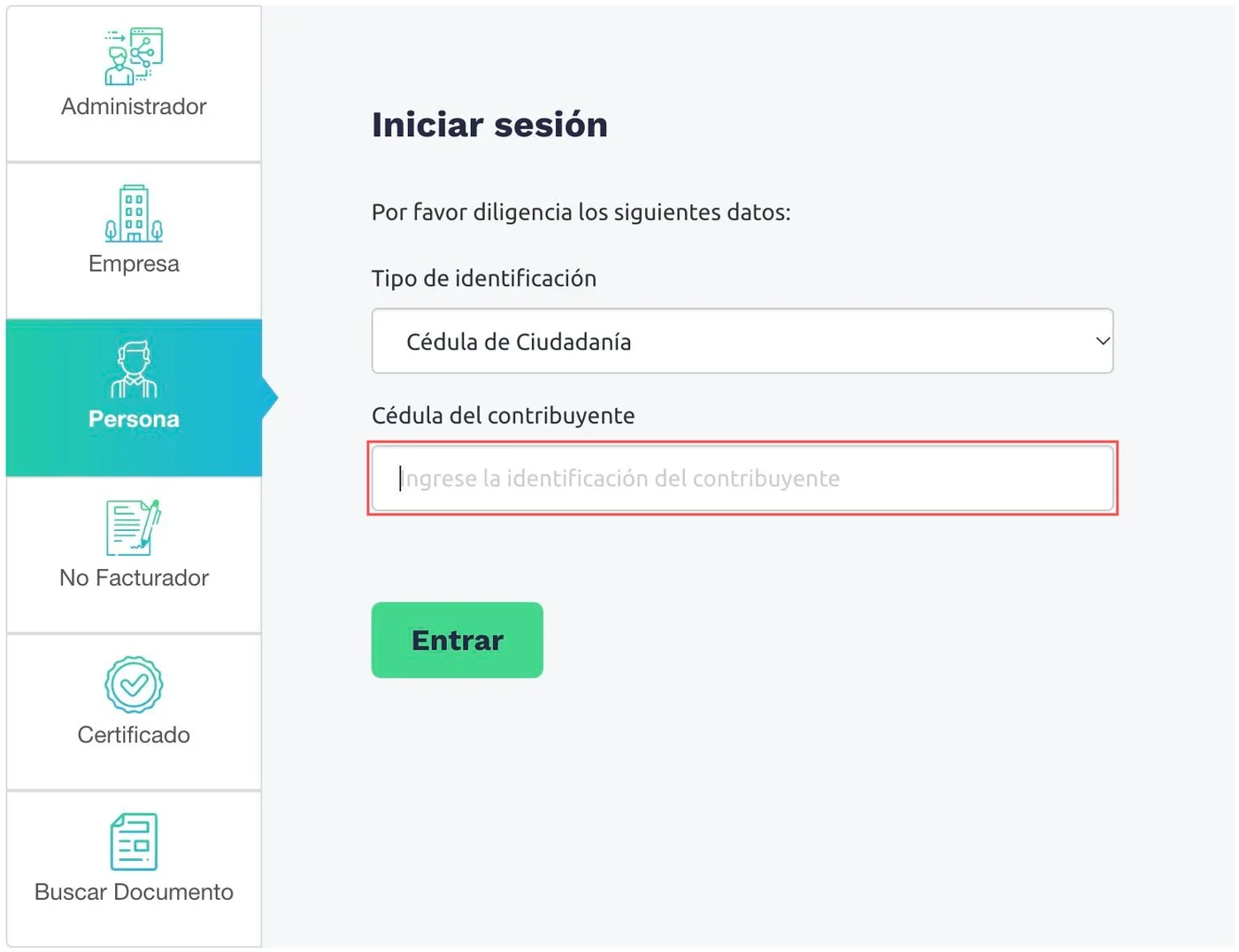 Pantalla Iniciar sesión de la DIAN con Persona seleccionado y el campo Cédula del contribuyente