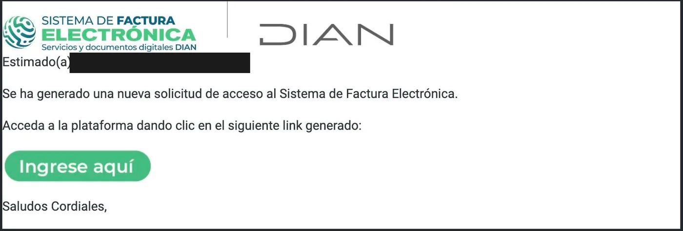 Correo de la DIAN con el botón Ingrese aquí para acceder al Sistema de Factura Electrónica