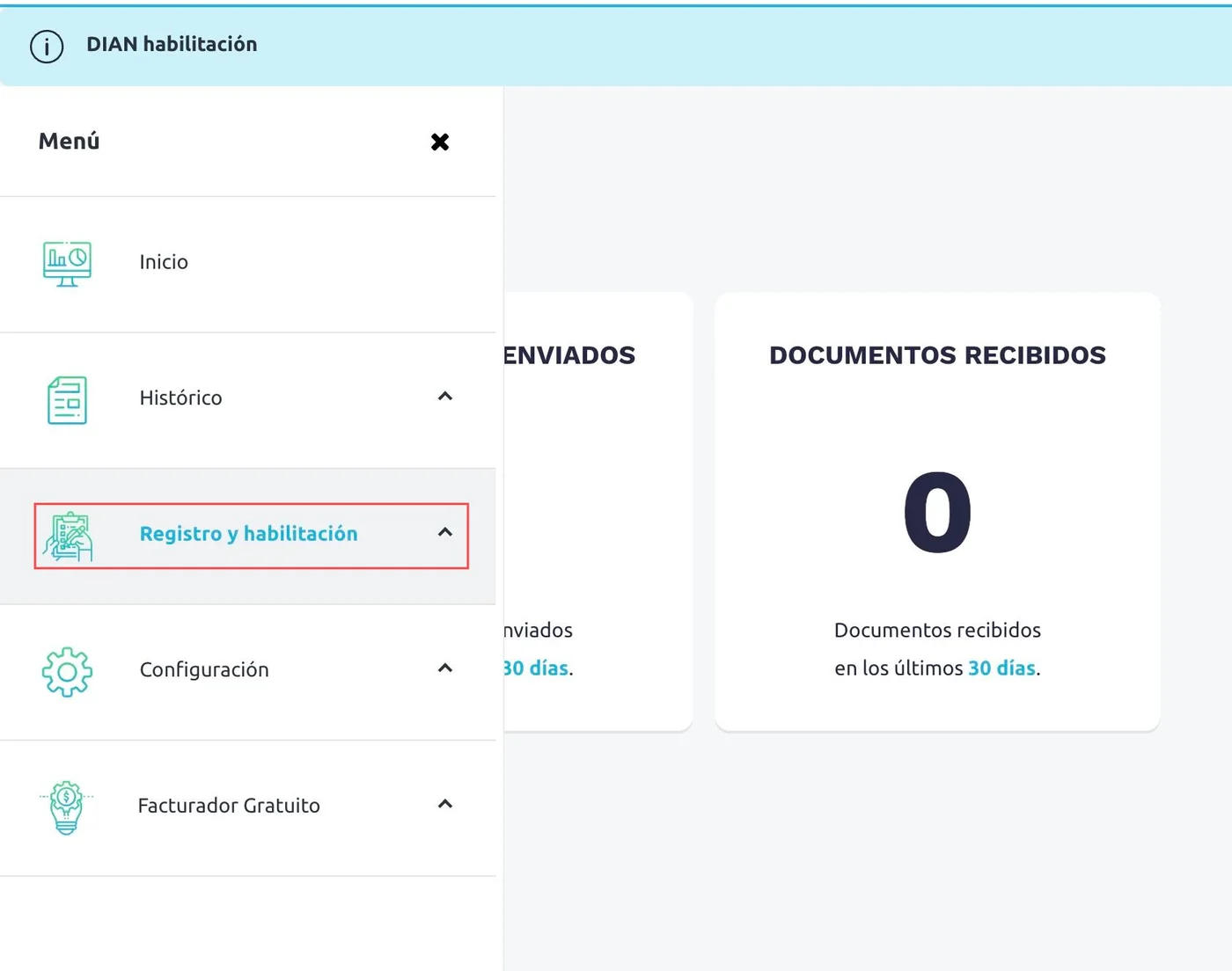 Menú del portal con la opción Registro y habilitación marcada