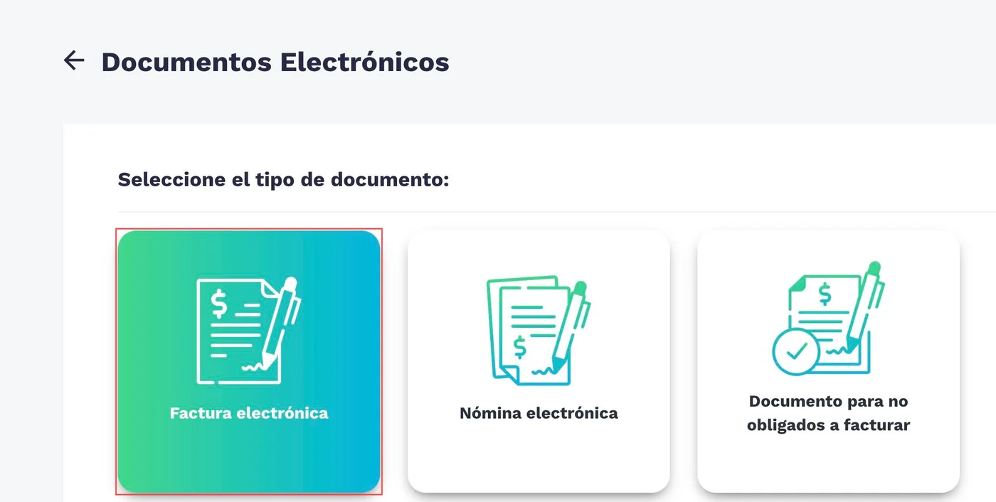 Pantalla Documentos Electrónicos con la tarjeta Factura electrónica marcada