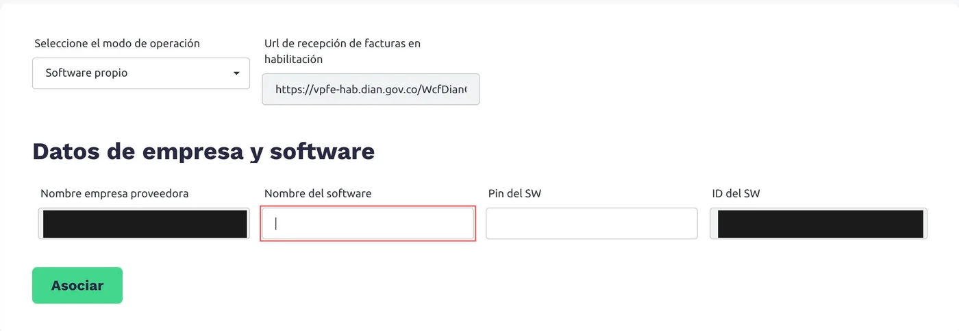 Formulario Datos de empresa y software con el modo Software propio, el nombre del software, el PIN y el ID del software