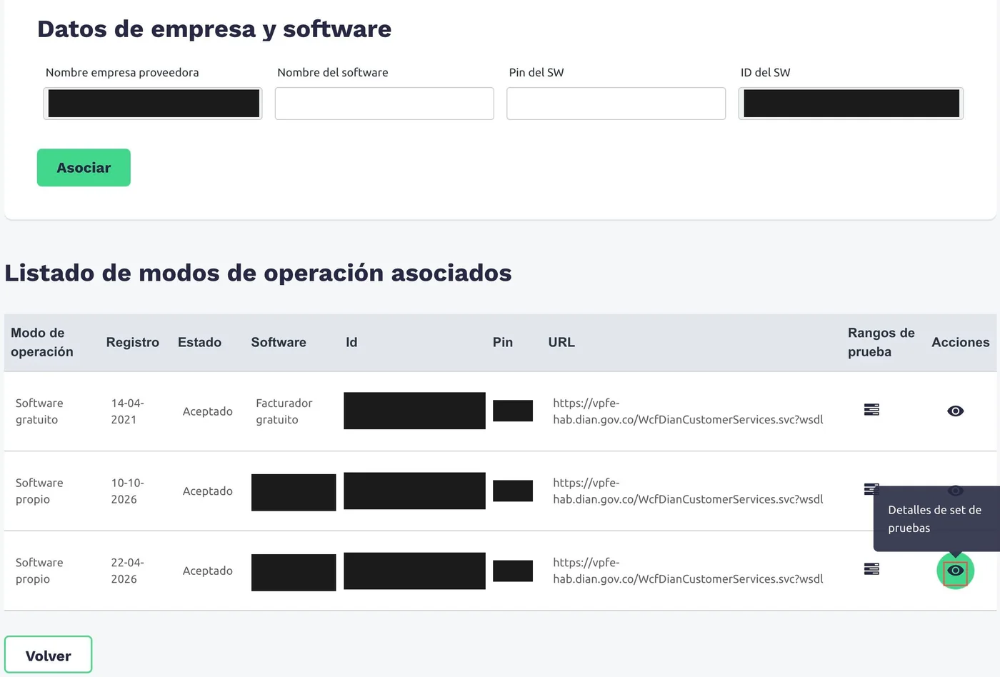 Listado de modos de operación asociados con el ícono del ojo y su ayuda Detalles de set de pruebas