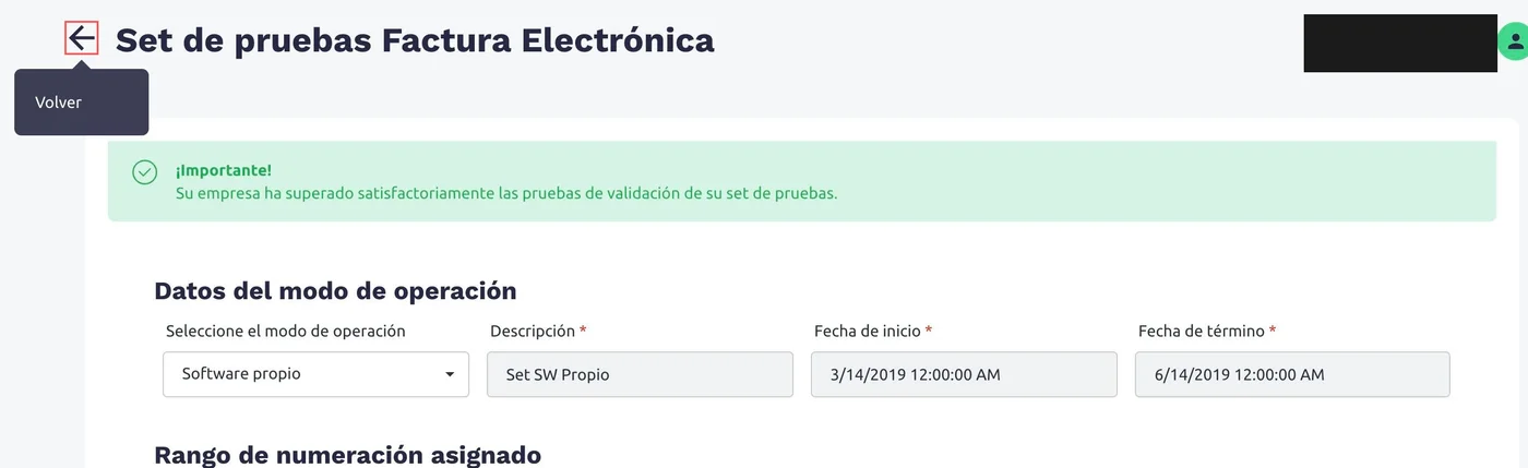 Pantalla Set de pruebas Factura Electrónica con el mensaje verde: su empresa ha superado satisfactoriamente las pruebas de validación