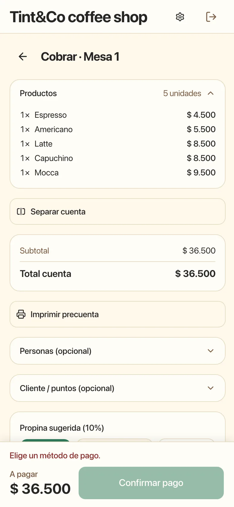 Ahora: Pantalla de cobro en celular con la lista de productos, secciones plegables y, abajo, el total a pagar y el botón Confirmar pago.