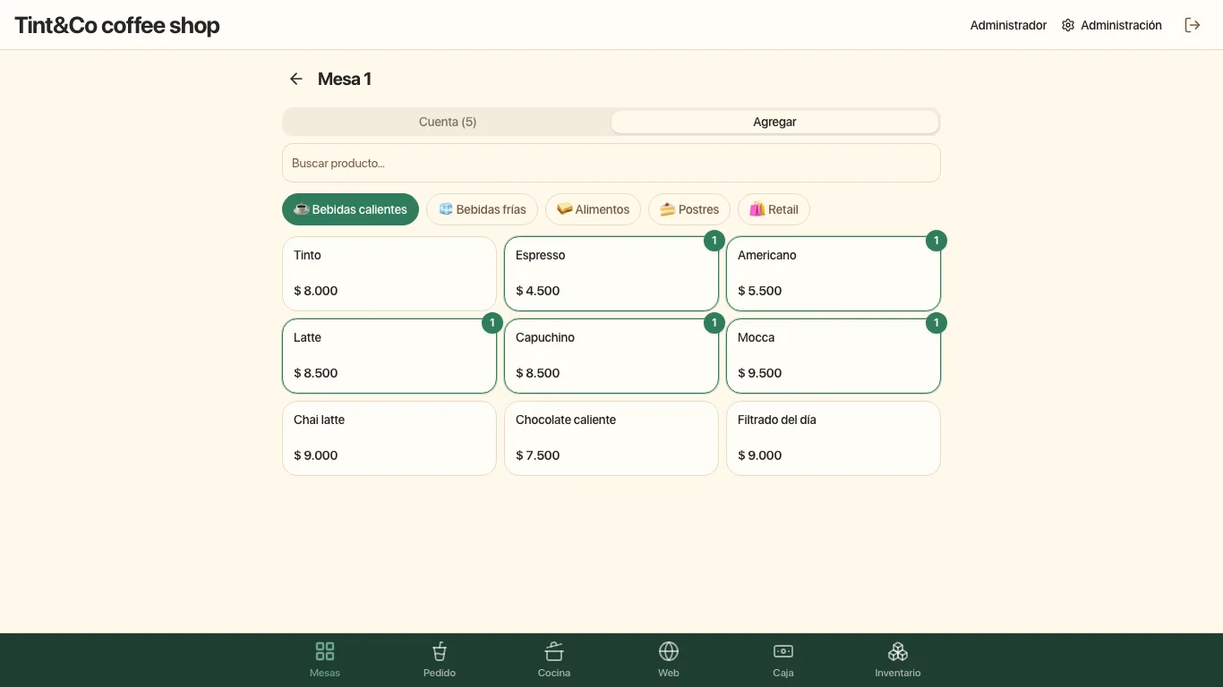 Antes: Pantalla de una mesa: a la izquierda la carta con categorías y a la derecha la cuenta con cinco productos y su total.